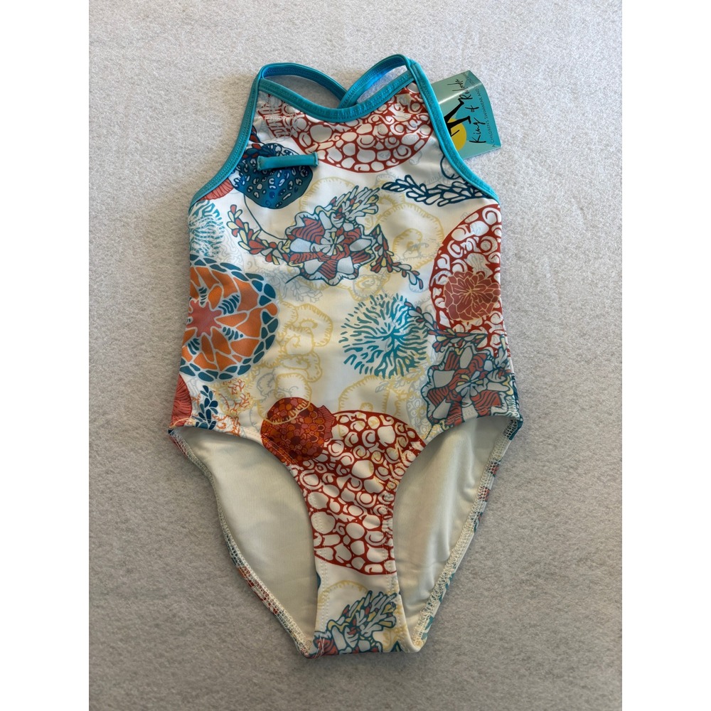 King of Redonda Ayla Full Piece Swimsuit Kids Size 2 Coral Reef Print NWT
